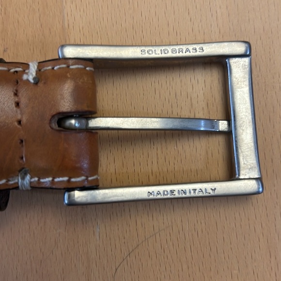 Peter Elliot Tan Leather Belt 34” Silver-Tone Brass Buckle Contrast Stitch Italy - Picture 15 of 16